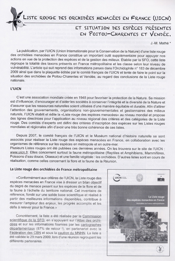 Page 1 Liste rouge des Orchidées menacées en France (UICN) et situation des espèces présentes en Poitou-Charentes et Vendée.