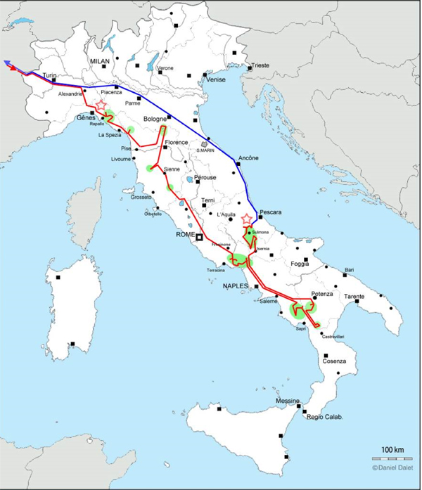 Carte itinéraire du voyage en Italie