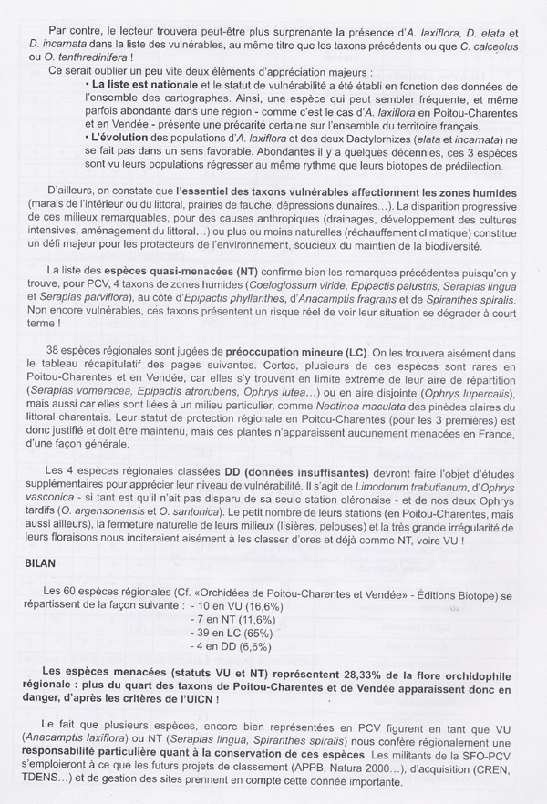 Page 3 Liste rouge des Orchidées menacées en France (UICN) et situation des espèces présentes en Poitou-Charentes et Vendée.