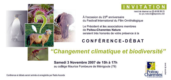 SFO Poitou-Charentes Vendée. Information. Conférence débat au Festval de Ménigoute - Changement climatique et biodiversité.