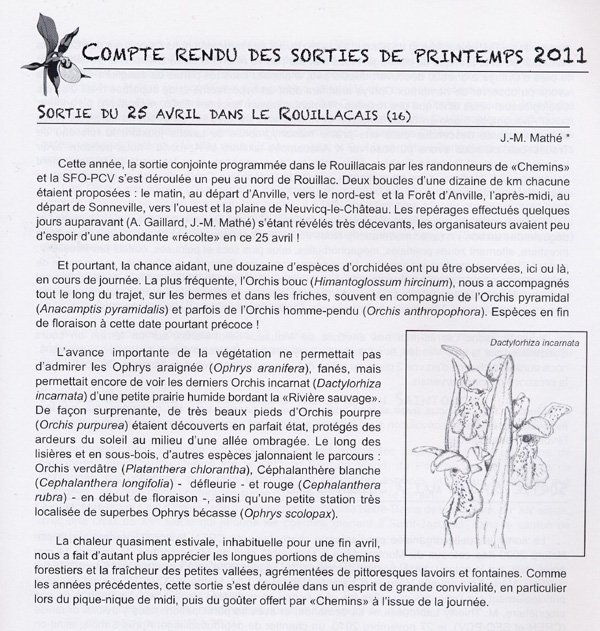 COMPTE - RENDU D'ACTIVITES - SORTIES DE PROSPECTION ET DE DECOUVERTE PRINTEMPS 2011 - Sortie du 25 avril dans le Rouillacais, en Charente (16)