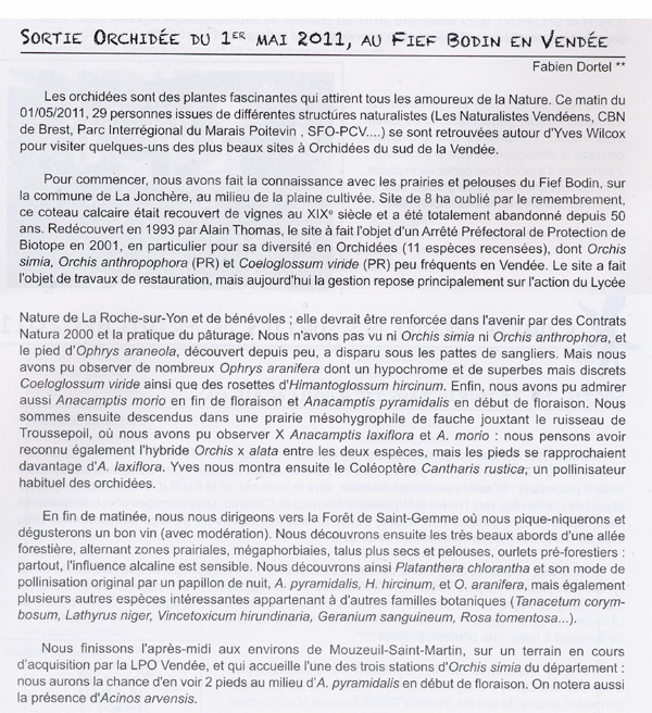 COMPTE - RENDU D'ACTIVITES - SORTIES DE PROSPECTION ET DE DECOUVERTE PRINTEMPS 2011 - Sortie du 1er mai 2011 au Fief Bodin en Vendée (85)