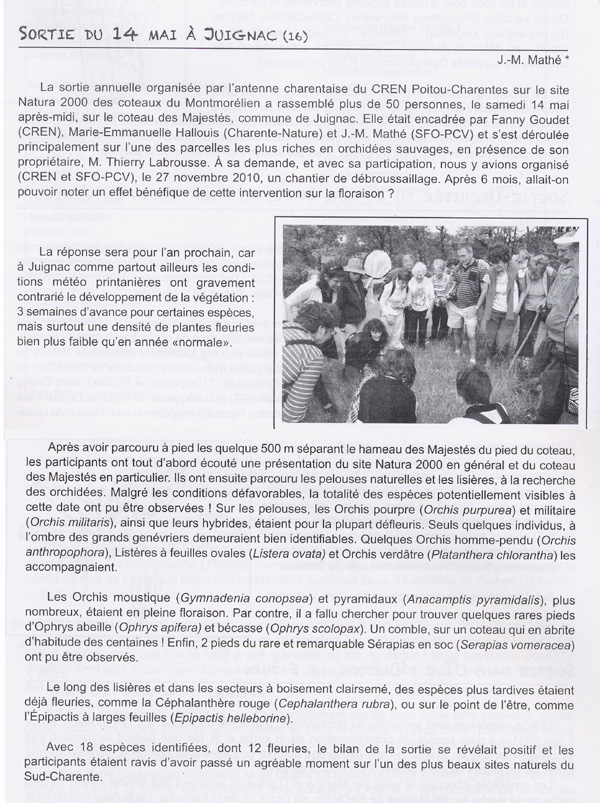 COMPTE - RENDU D'ACTIVITES - SORTIES DE PROSPECTION ET DE DECOUVERTE PRINTEMPS 2011 - Sortie du 14 mai à Juignac, en Charente (16)