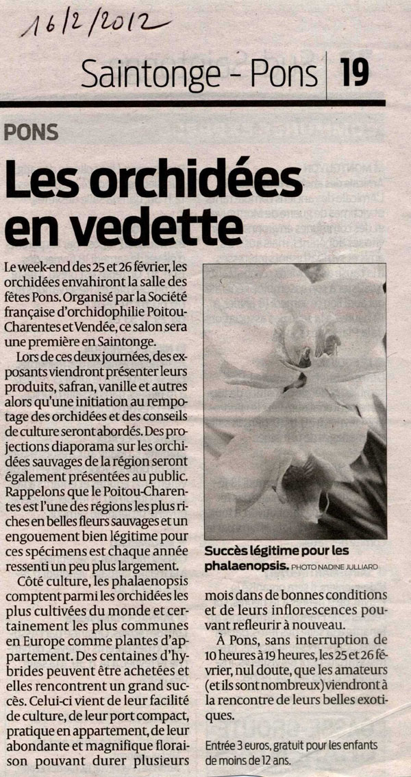 Salon de l'Orchidée à Pons - Article Sud-Ouest 16 février 2012