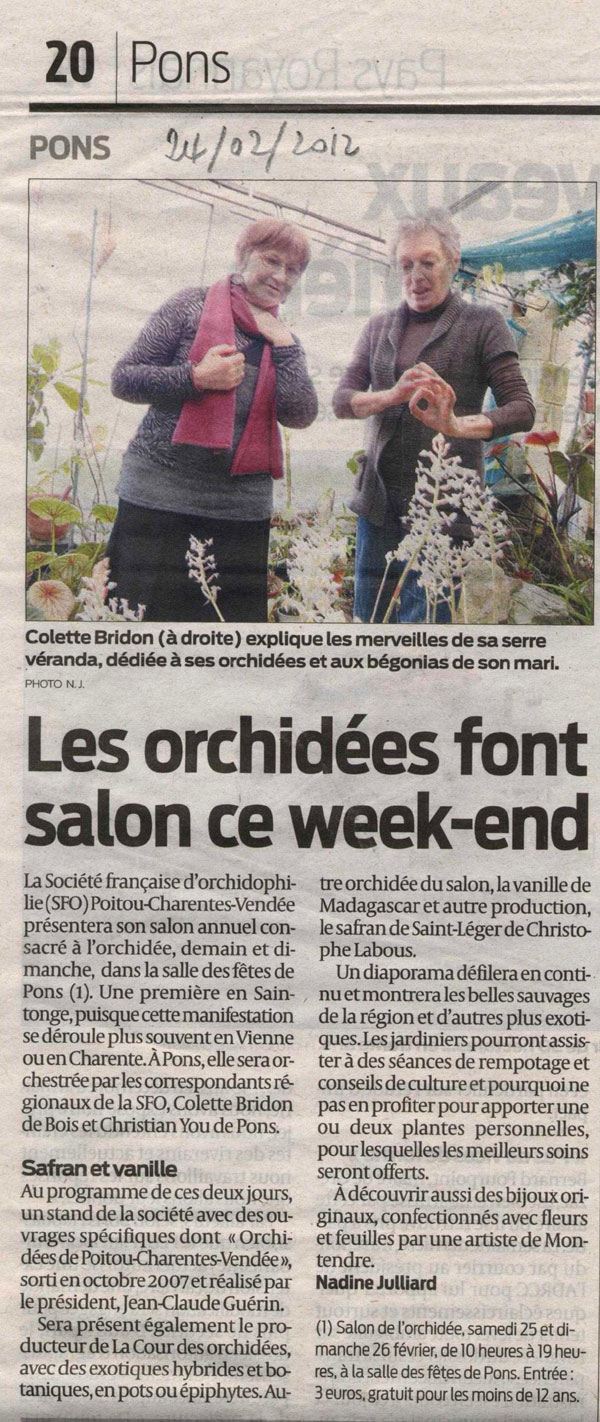 Salon de l'Orchidée à Pons - Article Sud-Ouest 24 février 2012