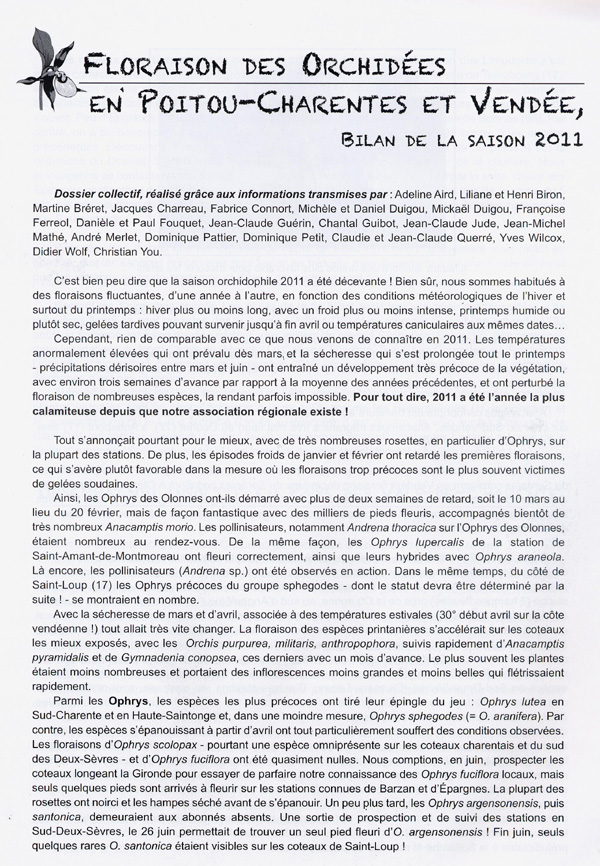 Page 1 COMPTE - RENDU D'ACTIVITES - Floraison des Orchidées en Poitou-Charentes et Vendée - Année 2011.